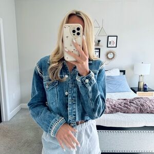 Forever 21 Beaded Denim Jacket | Silver Beaded Cropped Jean Jacket NWT Size Medi
